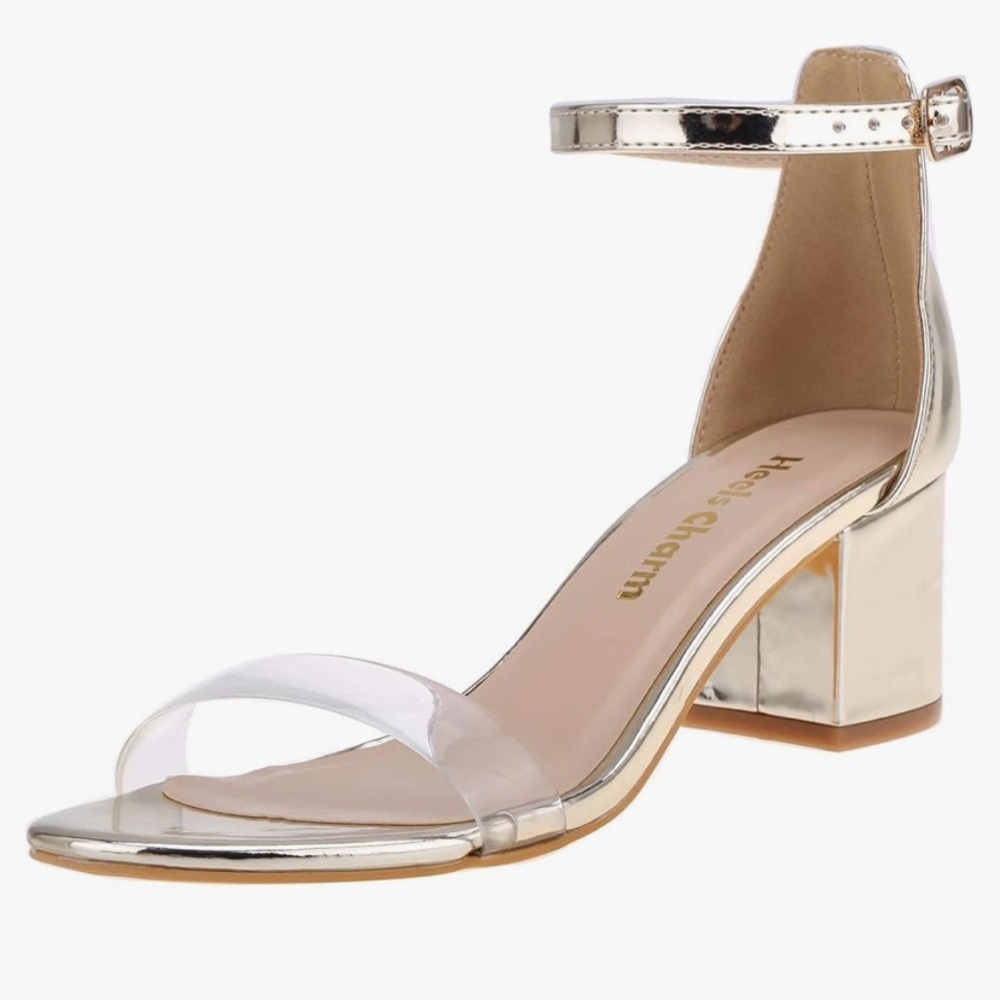 Gold Block Heel Ankle-Strap Sandal in Gold